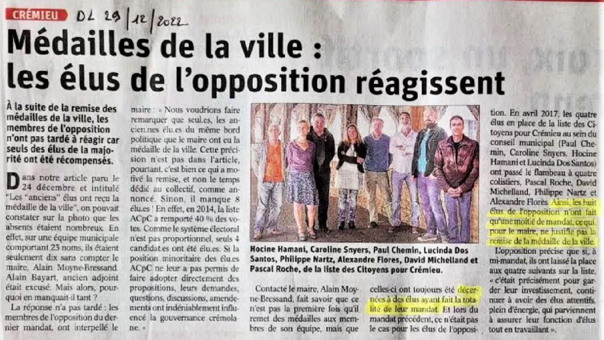 Médailles de la ville : les élus de l&rsquo;opposition réagissent